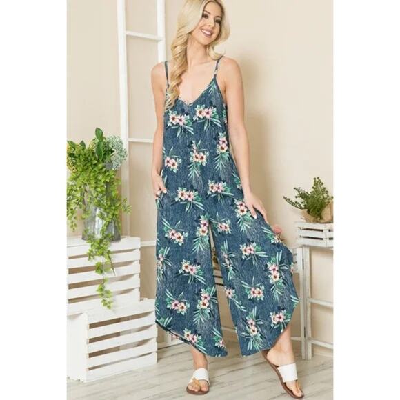 💣Orange Farm Floral Pattern Side Slits Sleeveless Pockets Jumpsuit | Size XL - Picture 4 of 5